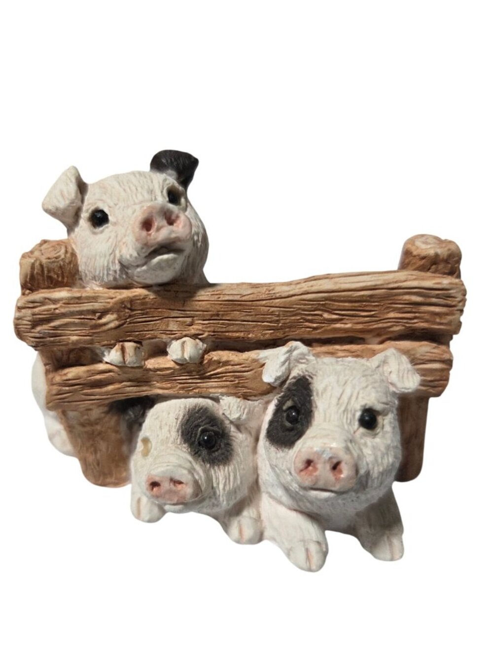 Three Adorable Pig Figurine Rustic Fence Design Farmhouse Country Collectible